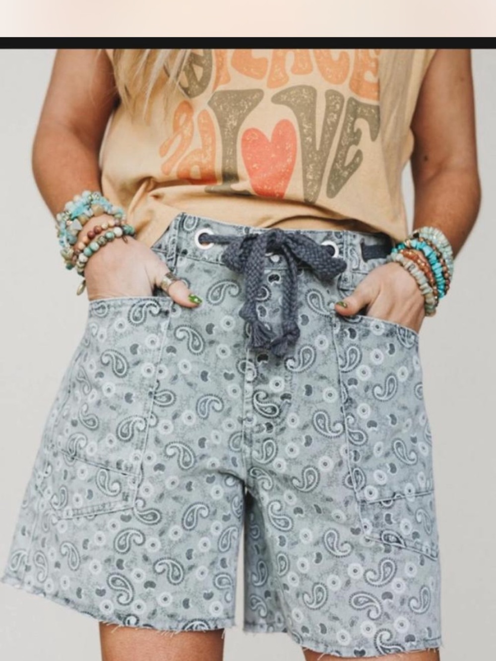Three Bird Nest High Waist Paisley Drawstring Shorts in Light Gray